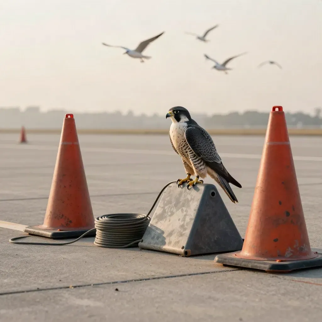 Hooded falcon on a runway perch beside cones and gear as gulls rise over the apron.