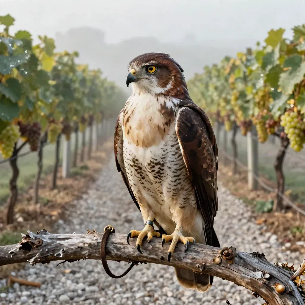 Hooded hawk on a perch beside grape rows and trellis netting in a misty vineyard.