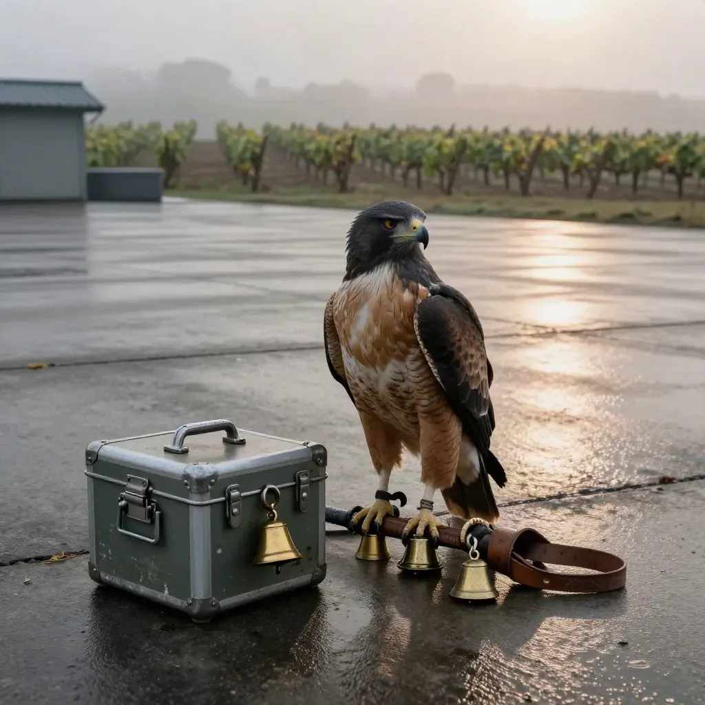 Hooded Harris’s hawk on a perch with falconry gear on a wet apron, vineyard and rooftop layers at dawn.