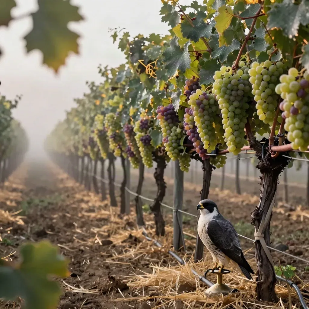 Napa vineyard rows intact with a discreet falcon perch at the row end in soft dawn mist.