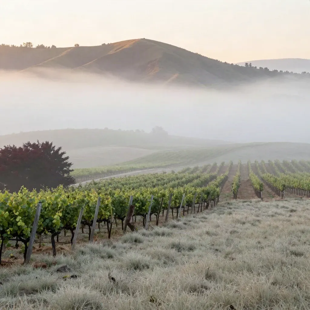 Foggy Northern California vineyard hills with redwood edge and distant bay ridge